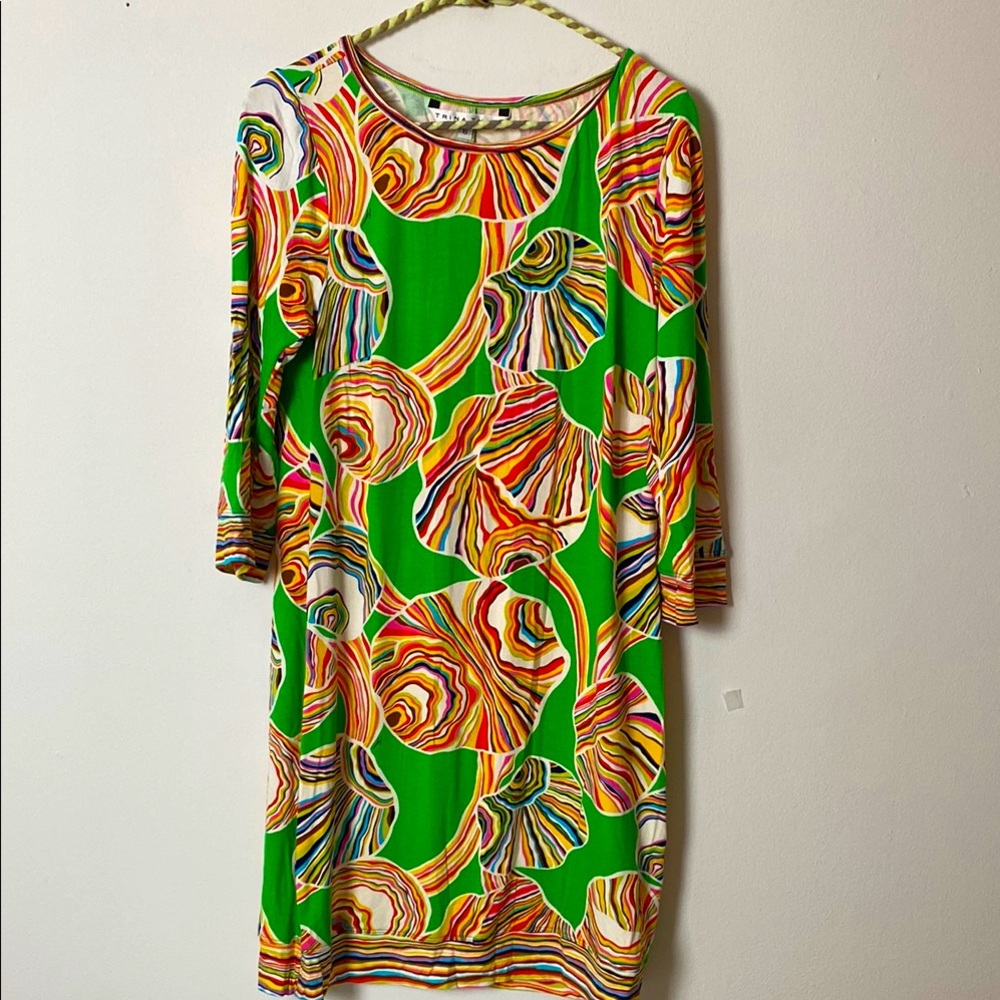 Trina Turk Green and Orange Sheath Dress with Cuffed 3/4 Sleeves
